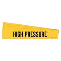 Adhesive pipe marker for identifying high-pressure lines on pipes with outer diameter of 8 inches and larger. Yellow background with black 'High Pressure' legend, no directional arrows. Supplied as a 5-pack of individual markers