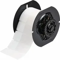 Vinyl, white (matte) precut label roll for wire and cable identification. Measures 2 5/8 in x 1 in, suitable for 6 AWG to 0 AWG wire gauge. Compatible with BBP33 printer series; requires B30-R4300 ribbon. Used for permanent marking in industrial facilities