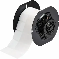 Vinyl, white (matte) precut label roll for wire and cable identification. Measures 2 5/8 in x 1 in, suitable for 6 AWG to 0 AWG wire gauge. Compatible with BBP33 printer series; requires B30-R4300 ribbon. Used for permanent marking in industrial facilities.