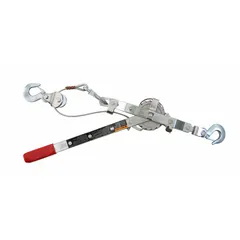 Hook-mounted cable ratchet puller with a 2000 lb lifting capacity. Features a hook with safety latch for secure attachment. Used for manual lifting, pulling, and tensioning of loads in industrial and construction settings.