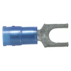 Insulated fork terminal with blue nylon insulation grip barrel, accepting 18 AWG to 14 AWG wire. Rated 600 V with 1/4 in stud size and standard fork configuration. Used for secure electrical connections where quick disconnect and reconnection is needed without fully removing the stud nut.
