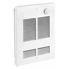 This compact recessed electric wall heater provides 1500 W of supplemental warmth on a 120V AC, single-phase circuit. It features a white grille and non-programmable operation. The unit fits between standard wall studs with rough-in dimensions of 12-1/2 in x 9-1/4 in x 2-1/2 in, suitable for bathrooms, offices, or hallways.