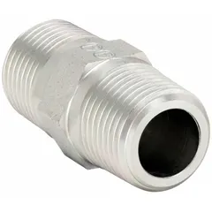 This steel straight pipe fitting connects two pipes in line within high-pressure hydraulic systems. It has a 1/4 in x 1/4 in pipe size and is rated for a maximum operating pressure of 6,000 psi. Suitable for demanding industrial applications requiring threaded extreme-pressure connections.