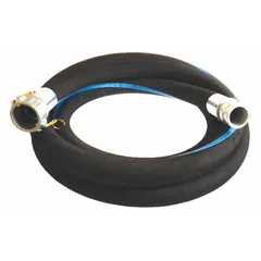 This EPDM water suction and discharge hose assembly features a black EPDM cover with spiral-plied synthetic fabric and wire helix reinforcement. Rated for 150 psi and temperatures from -25° to 200°F, it has 2-inch inside diameter and 2-inch x 2-inch fitting sizes. Suitable for water transfer in industrial, construction, and agricultural settings.