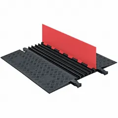Polyurethane cable ramp with hinged cover for routing and protecting cables across walkways, driveways, and floors. Accommodates up to five cables with a maximum diameter of 3/4 in. Features a dog bone connection style for linking multiple units. Dimensions: 33 3/8 in width, 1 1/4 in height, 39 7/8 in length.