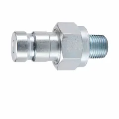 Steel hydraulic quick-connect coupling plug with 7/16"-20 male UNF thread. Max flow rate 0.8 g/min, temperature range -40 to 250°F. Used to seal and connect hydraulic lines in fluid power systems.