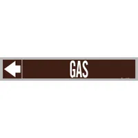 Pipe Marker: Gas, Brown, White, Fits 1 1/2 to 2 in Pipe O.D., 25 Pipe Markers, With Arrows (MPN 109004)