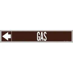 Brown adhesive pipe marker with white 'Gas' legend and directional arrows. Each roll contains 25 markers for pipe outer diameters of 1-1/2 to 2 inches. Used to identify gas piping in industrial facilities, supporting compliance with pipe-marking standards.