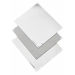 Galvanized steel back panel for mounting electrical and electronic components inside enclosures. Provides a grounded surface for installing terminal blocks, relays, and controllers in industrial control panels and electrical cabinets. Overall height 17 in, overall width 13 in.