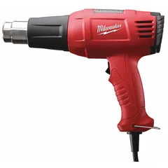 This MILWAUKEE heat gun features a pistol-grip design with surface temperature control, operating on 120V AC and drawing 11.6 A. It is suited for tasks such as shrink-wrapping, paint stripping, thawing frozen pipes, and bending plastic. The two-prong plug provides basic electrical connectivity.