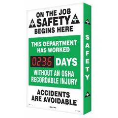 Aluminum safety scoreboard with 28 in x 20 in nominal sign size, mounting holes for installation. Operates on 110/120V AC, controlled via remote control. Displays days without an OSHA recordable injury for workplace safety tracking.