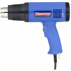 This pistol-grip heat gun operates on 120V AC with a 10 A current and features surface temperature control for consistent heat output. It includes four attachments and is suited for tasks such as shrinking tubing, bending plastics, drying coatings, and loosening adhesives in workshop and maintenance settings.