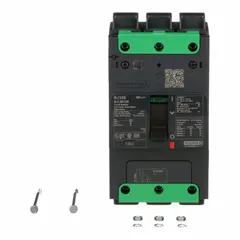 125 A molded case circuit breaker from the BJL series, rated 100kA at 120/240V AC. Features a fixed instantaneous trip, ABC phase connection, and Everlink Lug terminals on both ends. Suitable for overcurrent protection in electrical distribution panels requiring reliable short-circuit interruption.