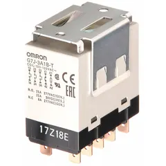 Bracket-mounted power relay with square base and W-bracket mounting style. Features 3PST-NO/SPST-NC contact configuration, 25 A current rating at 30V DC resistive load (NO), and 100/120V AC coil voltage. Quick-connect terminals facilitate wiring in control panels and automation equipment for switching high-current loads such as motors, heaters, and lighting systems.