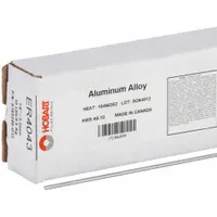 Aluminum ER4043 filler rod for TIG welding applications. Measures 1/8 in diameter by 36 in length, packaged in a 10 lb tube. Tensile strength of 29 ksi. Suitable for welding aluminum alloys in fabrication, automotive, and marine contexts