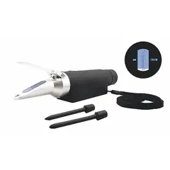 Analog handheld refractometer for measuring Brix concentration from 0% to 18% with ±0.1% accuracy and 0.1% resolution. Features automatic temperature compensation for consistent readings. Overall dimensions: 9 in depth x 1 1/2 in width. Suitable for determining sugar content in liquids such as fruit juices, beverages, and industrial solutions.