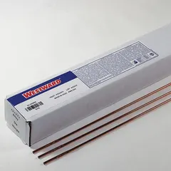 Low-alloy steel filler rod for gas tungsten arc welding (GTAW) of high-strength steels. As-welded tensile strength of 100 ksi and yield strength of 88 ksi. Each rod measures 1/8 in x 36 in, supplied in a 10 lb package. Suitable for structural fabrication, pressure vessel work, and heavy equipment repair.