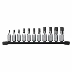 This 25-piece hex bit socket set includes 11 hex bit sockets with a 3/8 in drive and tip sizes ranging from 4mm to 14mm. Designed for driving hex fasteners in assembly, maintenance, and repair tasks.