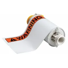 White vinyl warning-header label roll with acrylic adhesive, supplied in 7 in x 10 in and 10 in x 7 in sizes. Compatible with the BBP85 printer series for on-demand printing of facility warnings. Used for hazard communication and equipment labeling in industrial environments.