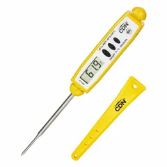 LCD digital pocket thermometer with thin tip for food temperature measurement. Plastic case, 6 1/2 in overall length, accuracy ±0.5 °F or ±0.3 °C. NSF certified. Features 2-way mounting with pocket clip and hook.