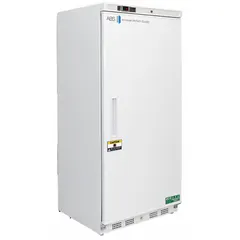This upright lab refrigerator provides 17 cu ft of storage capacity with a temperature range of 1°C to 10°C, suitable for preserving reagents, media, and biological samples. It features a white solid swing door that opens to the right, a temperature alarm for monitoring, and uses R-600a refrigerant. Overall depth is 28 5/8 inches.