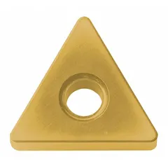 Triangle (T) indexable turning insert made of ceramic material. Designed for high-speed machining of hardened steels and superalloys, offering heat resistance and wear life for finishing operations in metalworking applications.