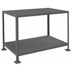 Fixed-height steel-top worktable with a 48 x 36 inch work surface and 3000 lb overall load capacity. Constructed entirely of steel for heavy-duty industrial use. Suitable for assembly, maintenance, and material handling tasks in warehouses and workshops.