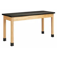 Fixed-height lab table with an epoxy countertop in beige, supported by a wood base. Overall dimensions: 24 in width, 30 in height, 5 ft length. Load capacity of 500 lb. Suitable for laboratory environments requiring a chemical-resistant and impact-resistant work surface.