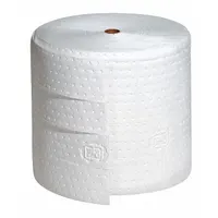 This polypropylene sorbent roll absorbs industrial fluids such as oils, coolants, and water for spill containment and maintenance cleanup. Measuring 15 inches wide and 150 feet long, it is suitable for use in workshops, manufacturing areas, and other facilities where fluid absorption is required