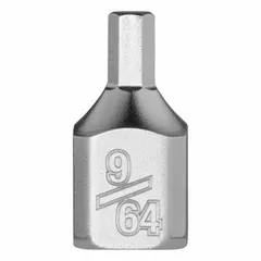 This hex bit socket features a 9/64 in SAE hex tip and a 51/64 in overall length. Designed for driving hex fasteners in assembly, maintenance, and repair tasks. Suitable for use with 1/4 in drive tools.