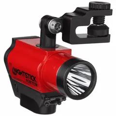 Red light headlamp with helmet clip, delivering 250 lumens and a 203 m beam distance. Runs 3.5 hours at maximum brightness on included 2 CR123 batteries. Suitable for hands-free illumination in industrial and outdoor tasks.