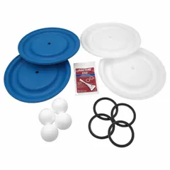 This fluid-section repair kit includes a diaphragm and check ball, both constructed from PTFE/Santoprene. It is used to rebuild the fluid end of diaphragm pumps in industrial fluid-handling applications such as painting, coating, and chemical transfer.