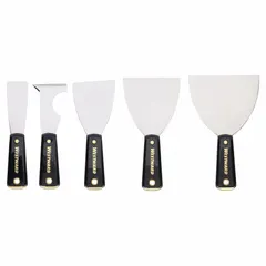 This 5-piece set includes painter's multi-tools, spreaders, and scrapers for applying and smoothing putty, scraping paint, and spreading filler. Blades are made of carbon steel, handles are plastic. Suitable for surface preparation and material application tasks.