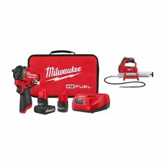 This 12 V DC cordless combination kit includes a grease gun and an impact wrench, with battery included. The grease gun is used for lubricating machinery and equipment, while the impact wrench is for fastening and loosening bolts and nuts. Both tools are powered by the same 12 V battery system, providing portability for maintenance and repair tasks.
