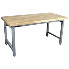 Fixed-height open-base workstation with a maple top measuring 72 in x 36 in and a gray frame. Overall load capacity of 5,000 lb. Suitable for heavy-duty assembly, maintenance, and inspection tasks in industrial environments.