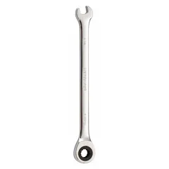 Alloy steel construction with a chrome finish. 1/4 in SAE 12-point ratcheting box end and open end. Overall length 4 7/8 in. Used for tightening or loosening fasteners in automotive, machinery, and industrial assembly applications.