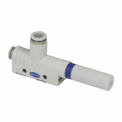 Vacuum generator from the SBP series, designed for creating vacuum using compressed air in industrial automation. Suitable for pick-and-place, packaging, and material handling tasks. Features a 1.5 mm nozzle, accepts 6 mm and 8 mm tube connections, with a maximum supply pressure of 6 bar and a flow rate of 2.51 cfm.