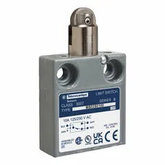 This top-mount roller-plunger limit switch from TELEMECANIQUE SENSORS features a steel body and a pre-wired cable connection. It is used to detect the presence or position of moving machinery parts in industrial automation, such as on conveyors, packaging lines, and machine tools, for end-of-travel or safety stop signaling.