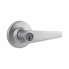 This KWIKSET office lever lockset features a chrome finish and satin chromium-plated zinc rose. It is ADA compliant for accessible lever operation on interior commercial doors. The lockset is not ligature-resistant and carries no message.
