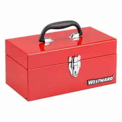 This steel tool box features a single compartment for storing hand tools, fasteners, and small parts. The red finish and included padlock provide security for contents. Its compact size suits portable use on job sites or in workshops.
