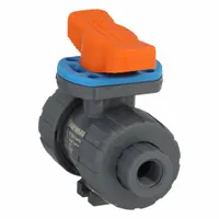 Manual two-way ball valve with a 3/8 in PVC straight body, rated for 250 psi cold working pressure. Features a locking tee handle for secure position control. Suitable for flow control in industrial piping systems handling water, chemicals, and air