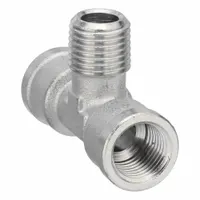 Threaded medium-pressure pipe tee with 1/4 in x 1/4 in x 1/4 in configuration. Constructed of nickel-plated brass with a maximum operating pressure of 870 psi and 2 in length. Used to split or combine fluid flow in industrial piping systems