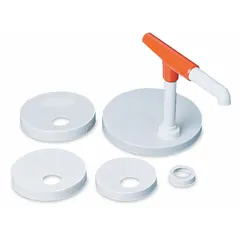Condiment pump and lid kit for dispensing sauces, dressings, and syrups. Made of high-impact plastic, includes five screw and snap caps. Dimensions: 8 in wide, 11 1/2 in deep, 1 3/4 in high. Not NSF certified.