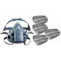This half-mask respirator features a silicone facepiece for comfort and includes four Acid Gas (AG) cartridges. It is used for respiratory protection against certain acid gases in industrial settings such as chemical processing, water treatment, and manufacturing.
