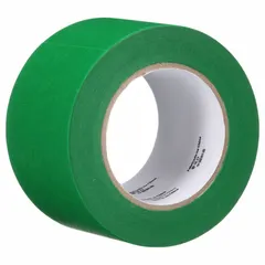 Green crepe paper masking tape for indoor/outdoor use on paper surfaces. Provides clean paint lines and temporary holding during finishing or assembly. Roll width 2 13/16 in, pre-cut diameter 4 3/4 in, overall length 60 1/8 yd.