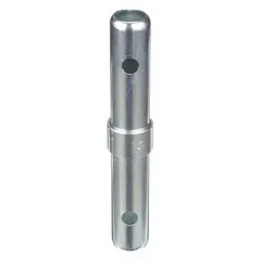 Steel insert pin for securing or aligning mechanical assemblies in industrial equipment. Used in scaffolding, material handling, and construction machinery for load-bearing connections.
