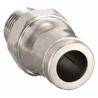 Nickel-plated brass push-to-connect adapter fitting with male BSPT thread. Connects 4 mm OD tubing to 1/4 in pipe size. Suitable for pneumatic systems in industrial automation, packaging, and material handling applications requiring leak-free joints