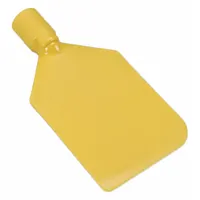 Polypropylene paddle scraper with stiff blade for scraping and mixing in food-contact applications. Blade length 1 1/4 in, overall length 8 3/4 in. FDA compliant material suitable for hygienic environments