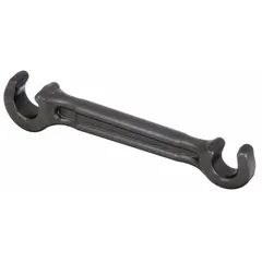 Double end valve wheel wrench with 11/16 in and 1 in head sizes, 10 in overall length. Made from alloy steel. Used to operate valve wheels in industrial piping systems, allowing quick adjustments without changing tools.