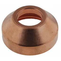 This deflector-type shield cap is designed for use with Hypertherm T45m/45v handheld plasma torches at 45 A. It protects the torch nozzle and directs the plasma arc for cutting conductive metals. Suitable for handheld plasma cutting applications.